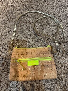 Lilly Pulitzer Gold-Accent Cork Crossbody Bag in Tan with Neon Yellow Trim